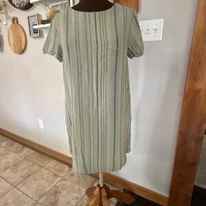 Cloth and stone rayon linen shift dress size small green blue striped buttons on